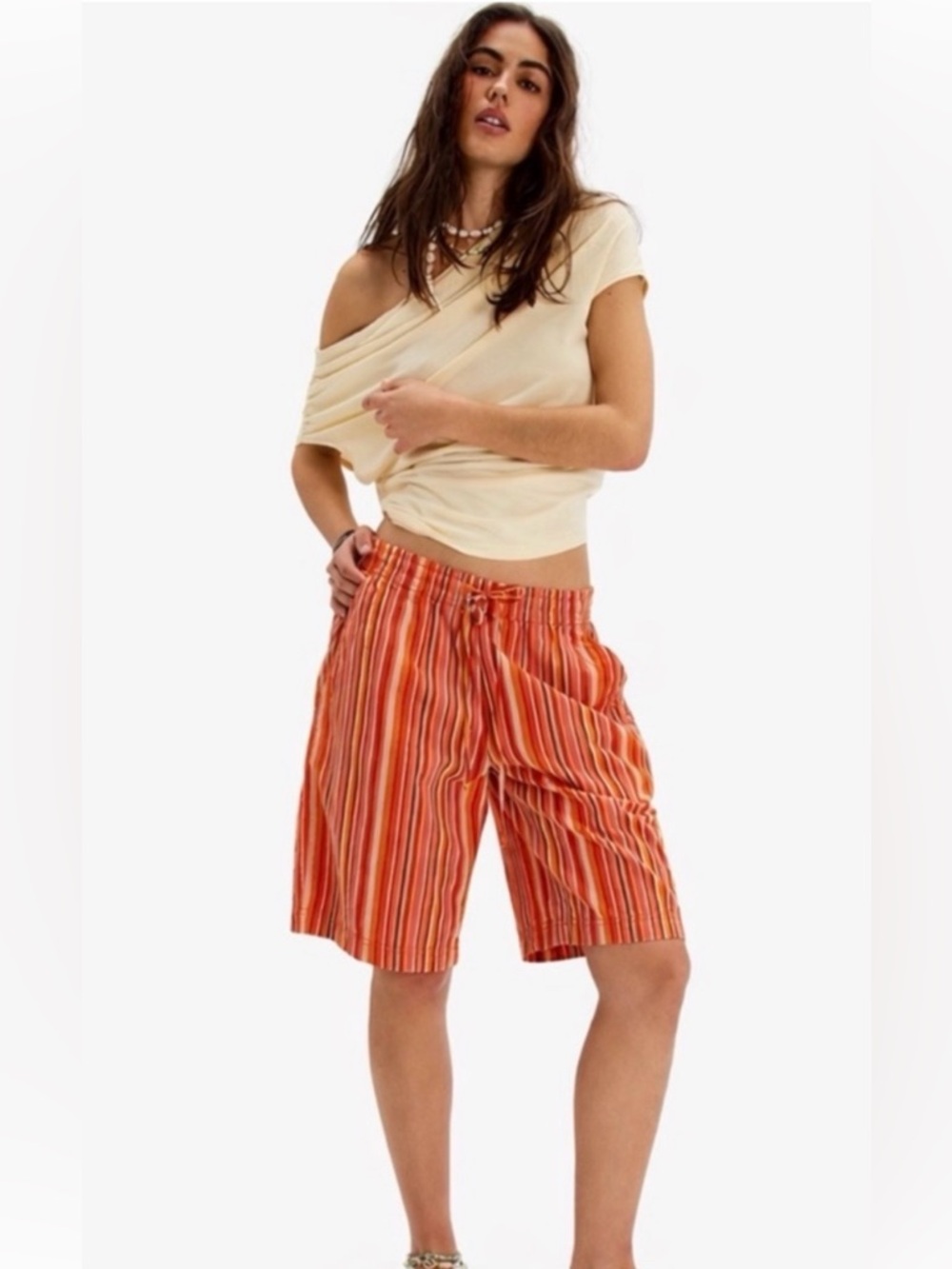 FREE PEOPLE Saylor Poplin Stripe Shorts Mango Combo NWT Red Pink Orange Blue